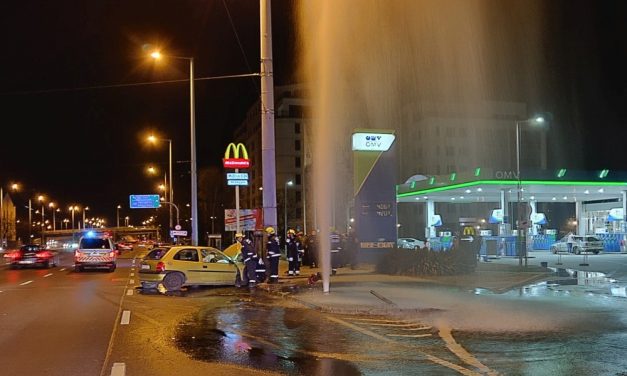Ledöntötte a kutyás sofőr a tűzcsapot: hatalmas a szökőkút Budapest közepén – fotók