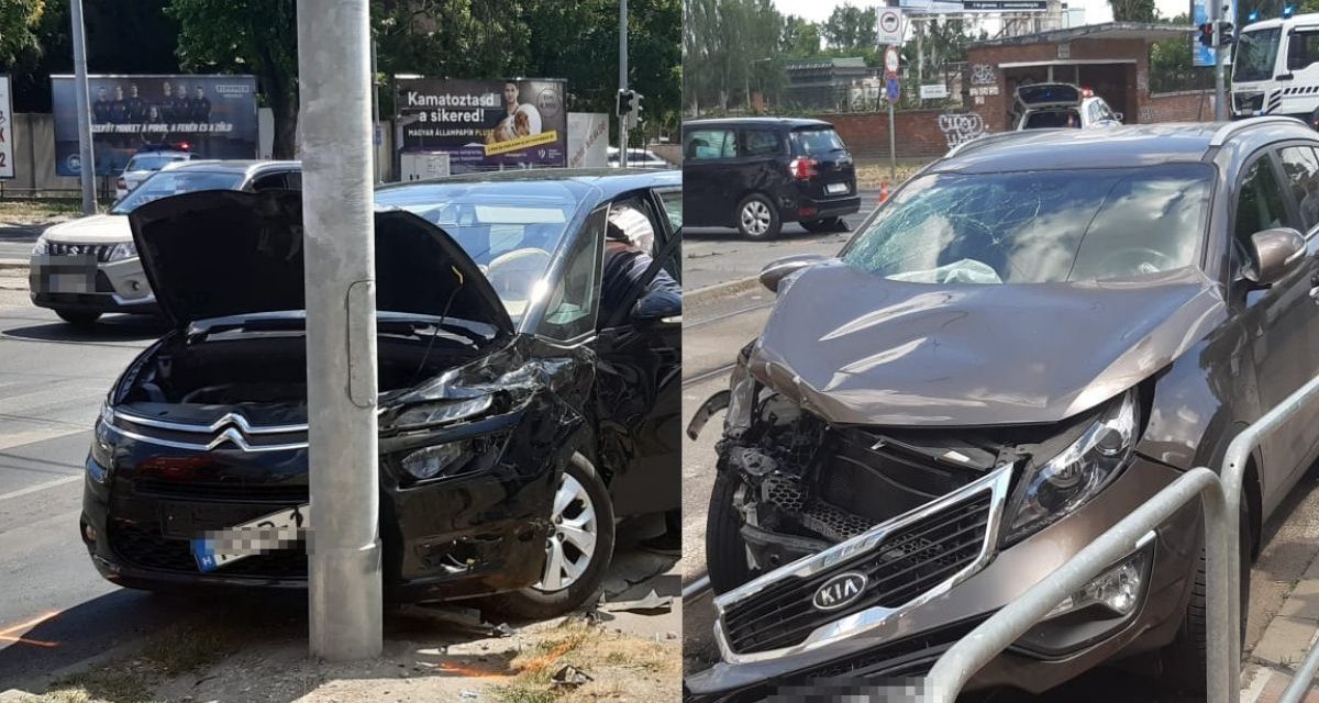 Csúnya baleset a Budapesten, két autó rohant egymásba, egyikük a gyalogátkelőhelyen landolt – Fotók a helyszínről