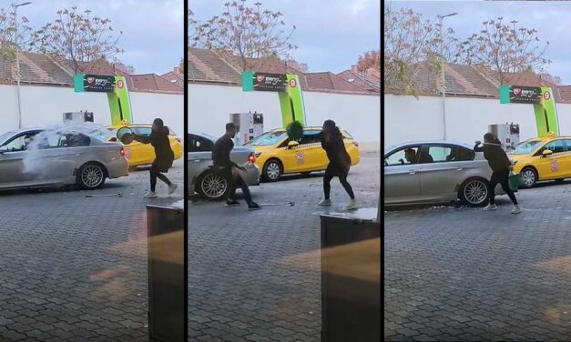 Balhé a benzinkúton: üvöltözés, káromkodás, leöntötték a BWV-t szélvédőmosóval, aztán repült a vödör is – VIDEÓ