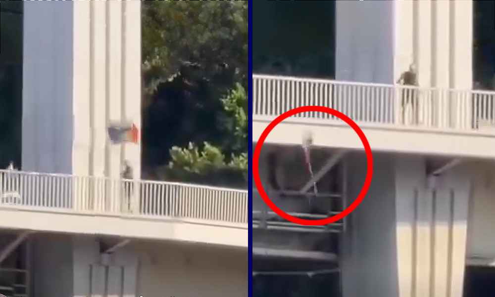 Dunába dobta a szivárványos zászlókat egy ismeretlen férfi az Erzsébet hídról – videó a cikkben